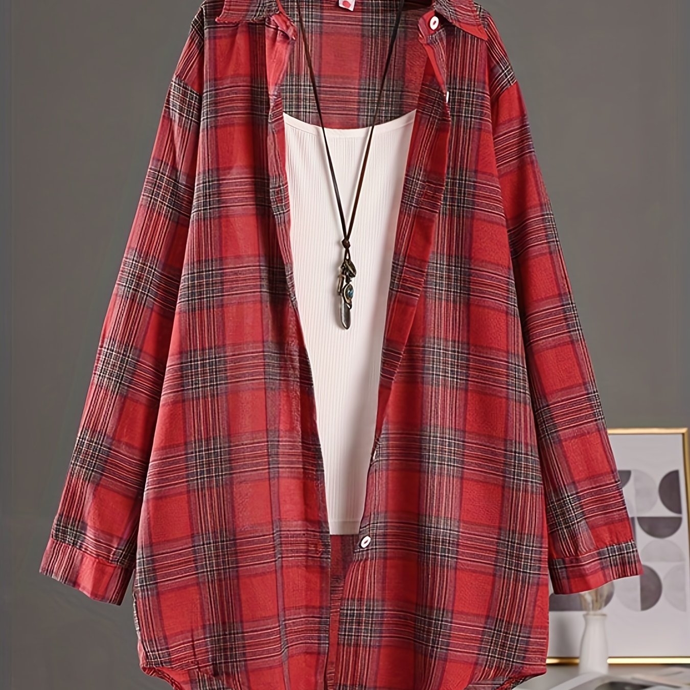 Plaid Print Polo Collar Shirt, Casual Long Sleeve Shirt For Spring & Fall, Women's Clothing