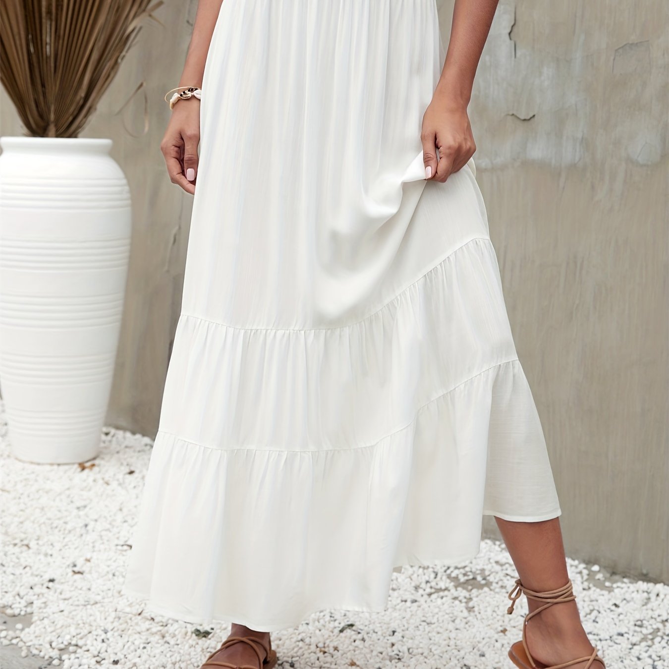 dunnmall  Boho Ruffle Trim Tiered Long Skirts , Elastic Waist White A-line Maxi Skirts , Women's Clothings