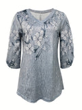 dunnmall  Floral Print V Neck T-shirt, Elegant 3/4 Sleeve Top For Spring & Summer, Women's Clothing