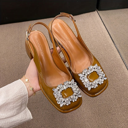 Chic Retro Rhinestone Chunky Heel Sandals - Fashion-Forward Buckle Strap Slingback Shoes for Women - Comfortable & Adjustable, Timeless Style