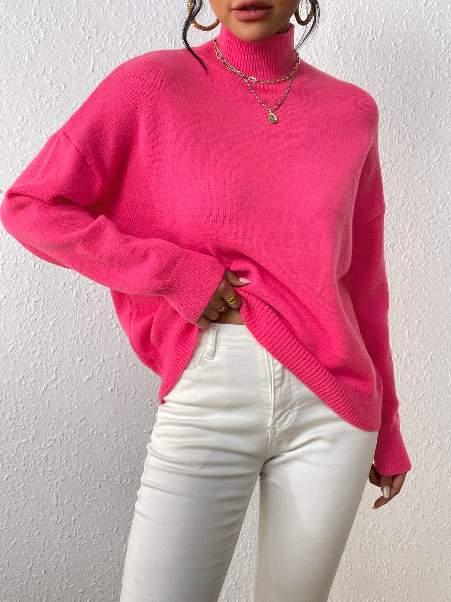 Solid Mock Neck Knit Sweater, Casual Drop Shoulder Long Sleeve Sweater, Women's Clothing