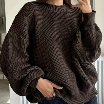 dunnmall Solid Crew Neck Pullover Sweater, Casual Long Sleeve Drop Shoulder Oversized Sweater, Women's Clothing