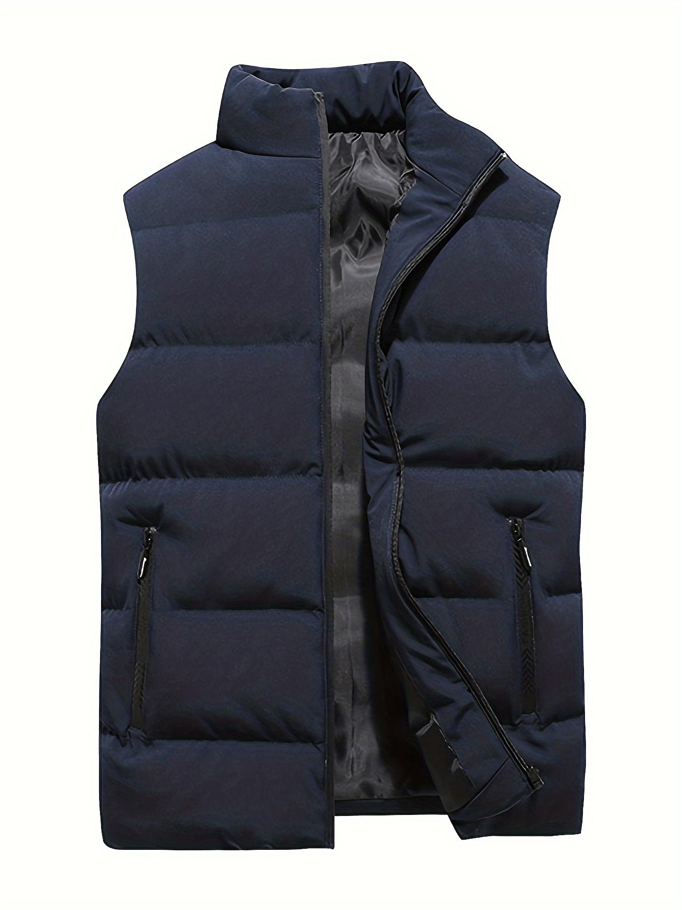 dunnmall  Warm Winter Vest, Men's Casual Zipper Pockets Stand Collar Zip Up Cotton Padded Vest For Fall Winter