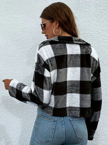 dunnmall  Button Front Plaid Print Fuzzy Jacket, Casual Long Sleeve Lapel Jacket For Fall & Winter, Women's Clothing