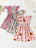 3pcs Charming Floral Midi Dresses for Girls - Crew Neck, Ruffle Sleeve, A-line, Non-Stretch Woven Fabric, Regular Fit, Perfect for Summer Vacation and Casual Wear