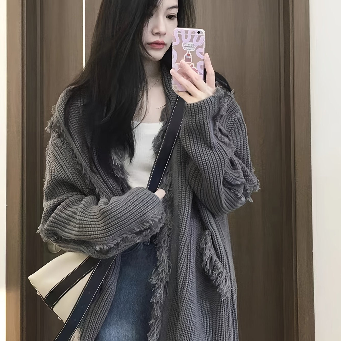 dunnmall  Solid Open Front Knit Cardigan, Casual Raw Trim Long Sleeve Loose Sweater With Pocket, Women's Clothing