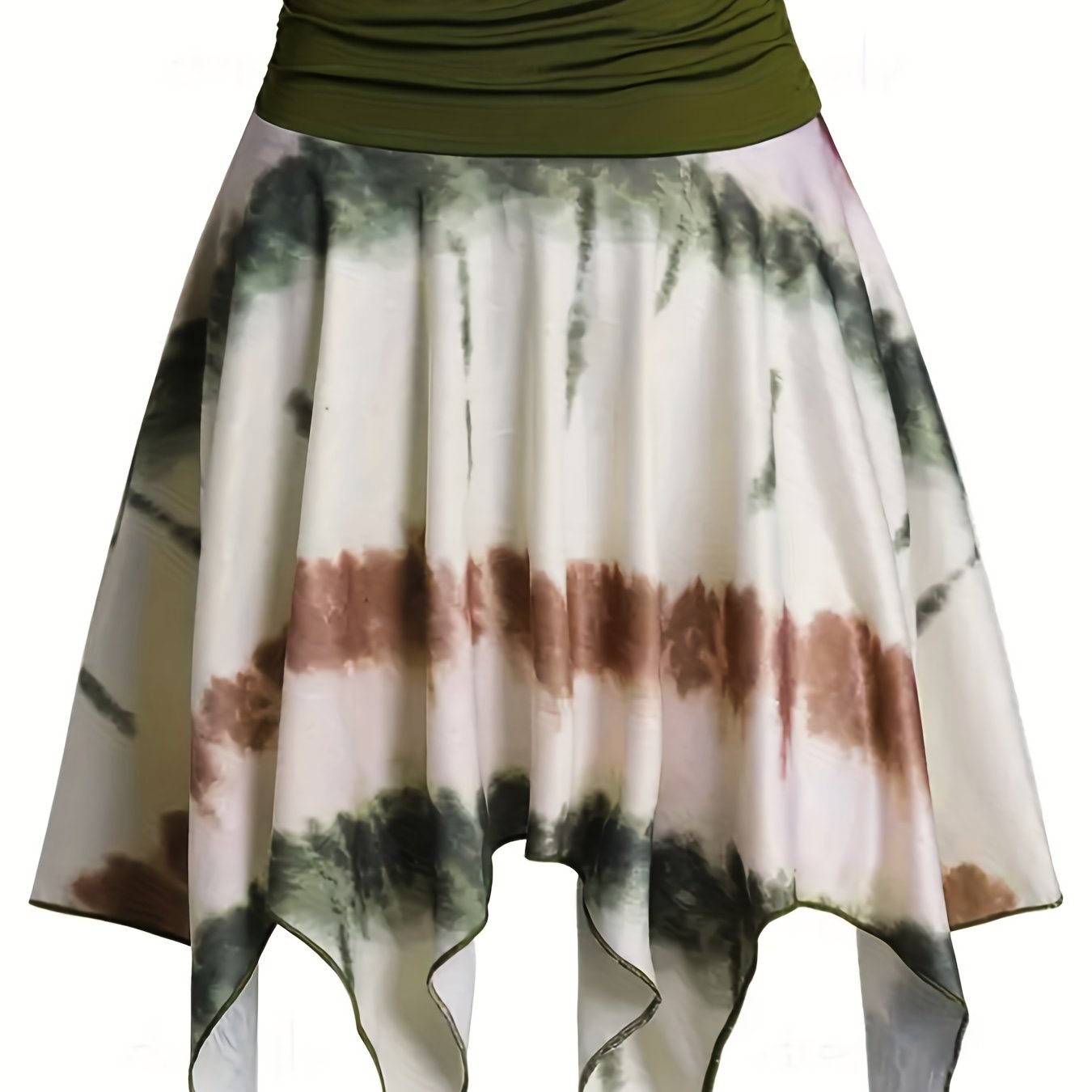 Plus Size Casual Skirt, Women's Plus Colorblock Tie Dye Asymmetric Hem High Waist Slight Stretch Pleated Skirt