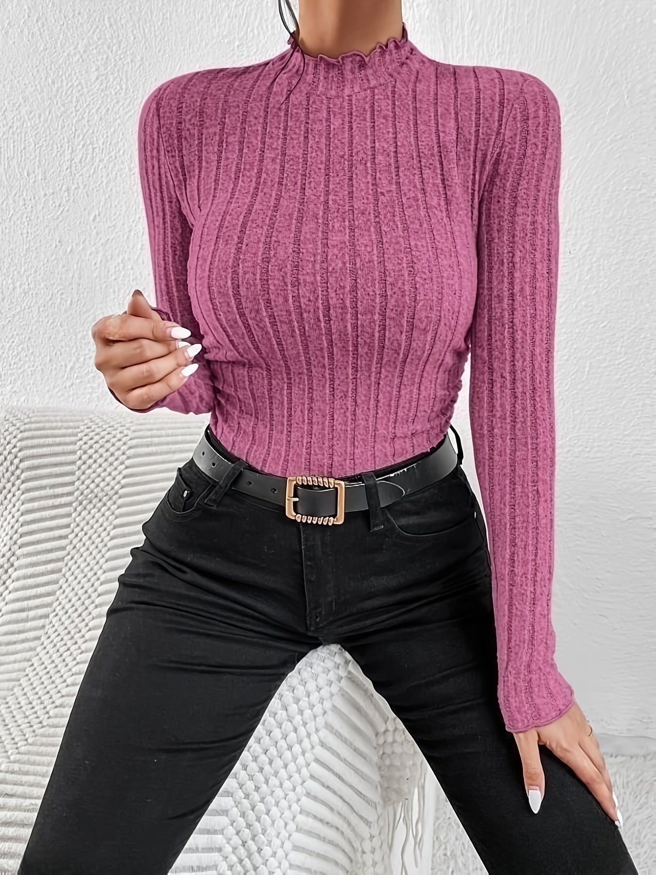 Long Sleeve Ribbed Knit T-Shirt, High Neck Elegant Casual Top For Fall & Spring, Women's Clothing