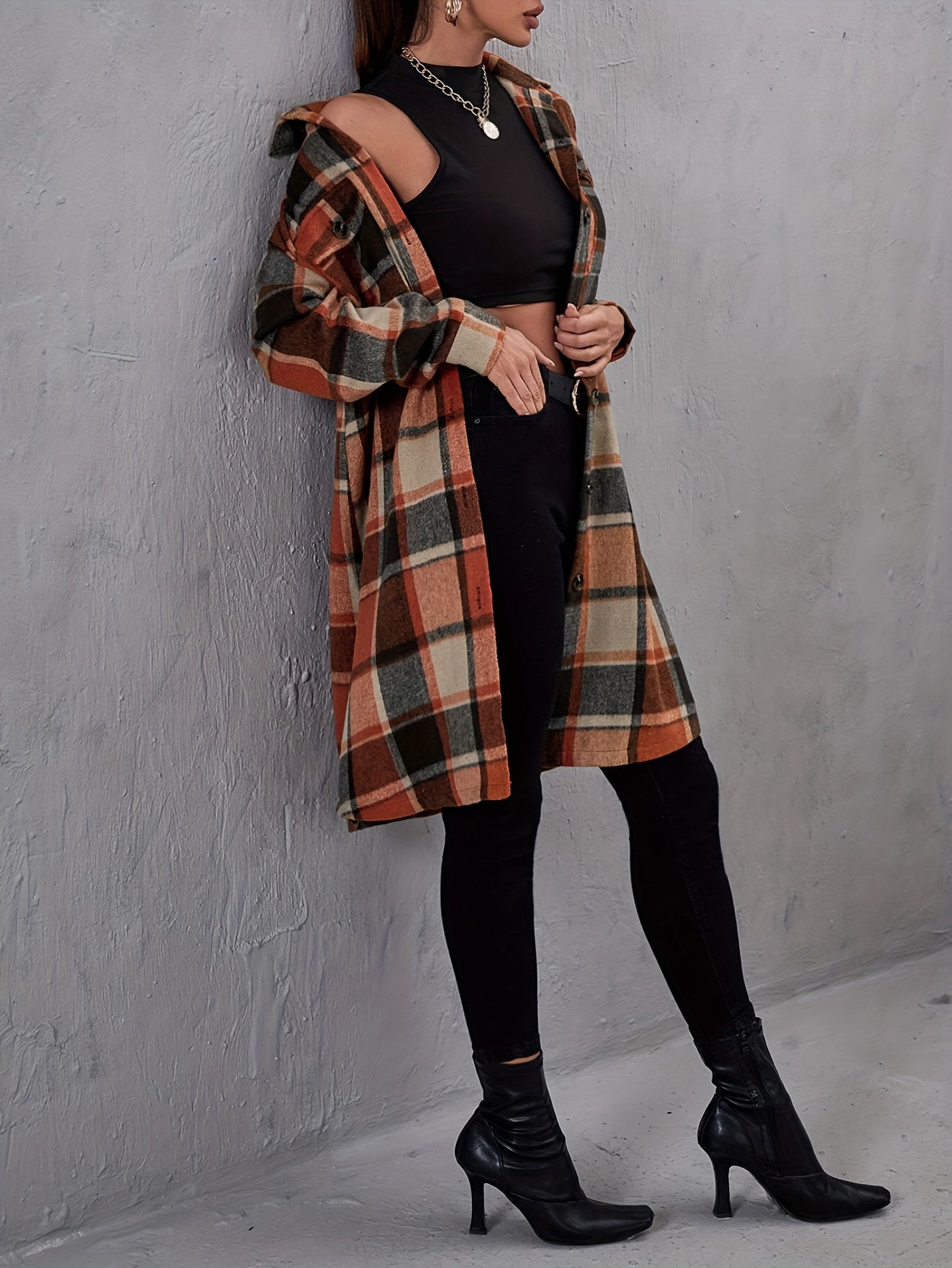 dunnmall Plaid Print Long Length Coat, Casual Button Front Long Sleeve Outerwear, Women's Clothing