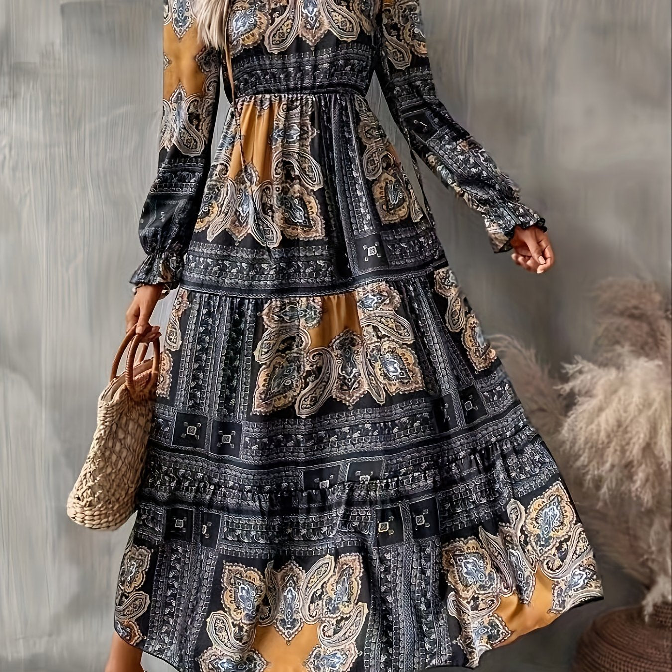 dunnmall  Paisley Print High Waist Dress, Vintage Crew Neck Long Sleeve Maxi Dress, Women's Clothing