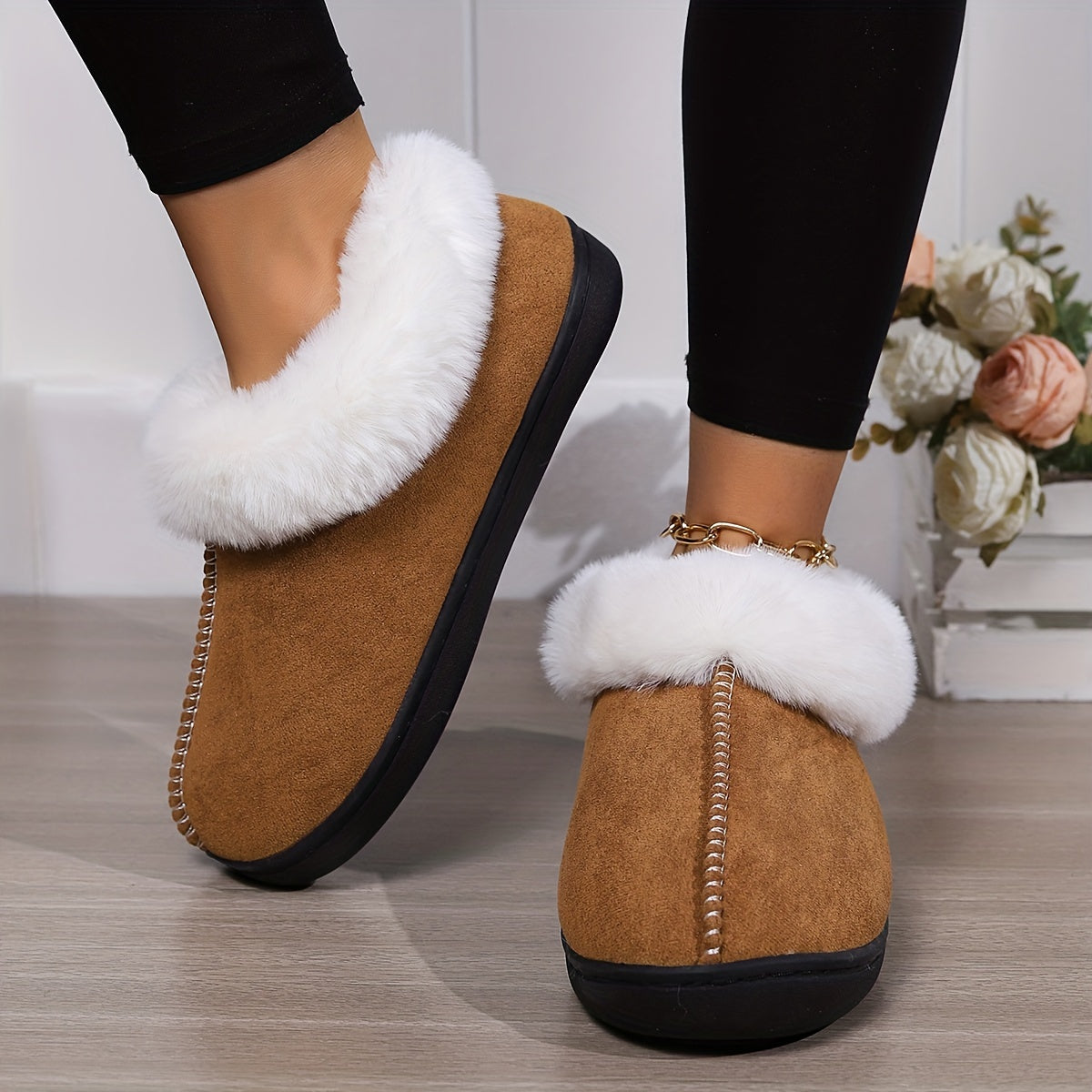 Winter Fluffy Plush Lined Slippers, Solid Color Closed Toe Soft Sole Slip On Shoes, Cozy & Warm Home Slippers