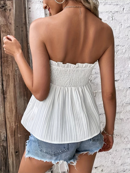 dunnmall  Ruffle Trim Shirred Tie Front Tube Top, Solid White Cut Out Bandeau Vacation Style  Peplum Cover Up Top, Women's Swimwear & Clothing