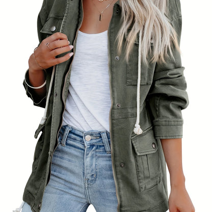 Button Flap Pockets Drawstring Jacket, Casual Long Sleeve Jacket For Fall & Winter, Women's Clothing