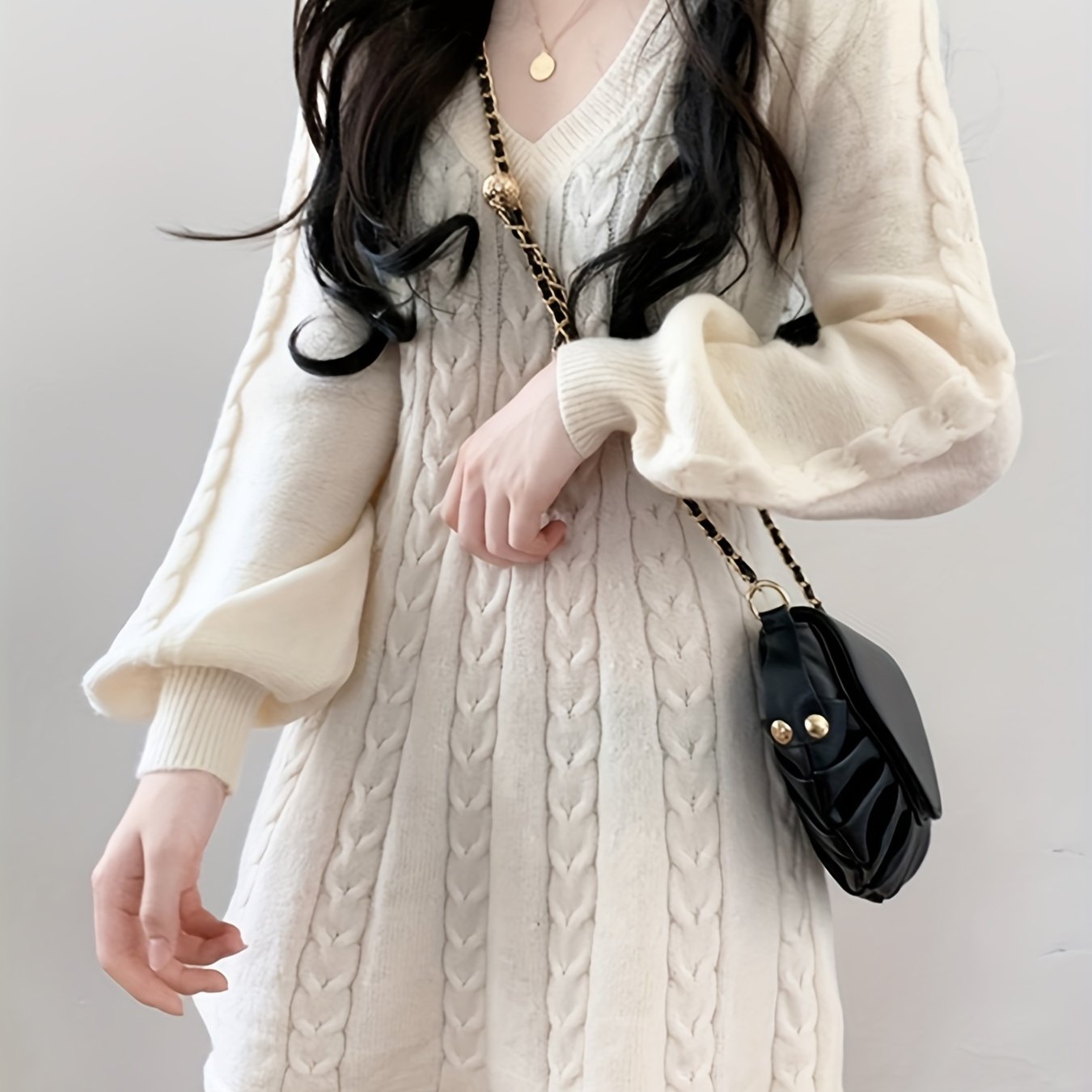 dunnmall  Solid Cable Knit Dress, Elegant V Neck Lantern Long Sleeve Dress, Women's Clothing