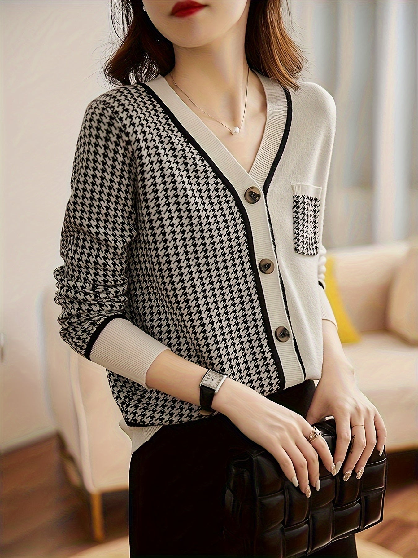 dunnmall Houndstooth Button Down Knit Cardigan, Casual Long Sleeve V Neck Slim Sweater, Women's Clothing