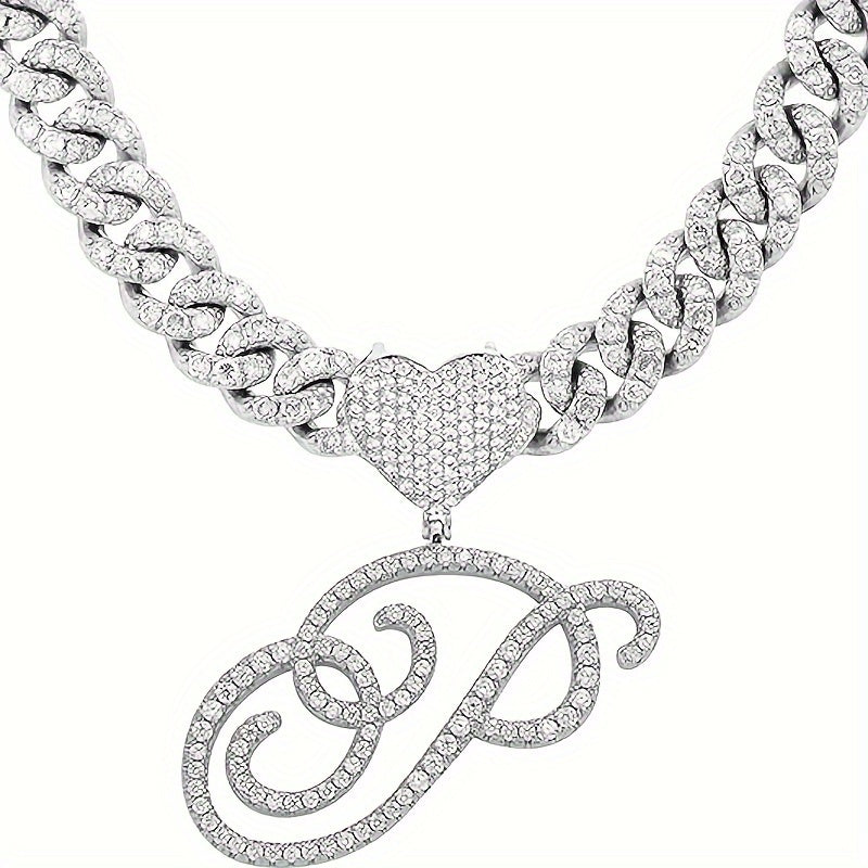 1 Piece Initial Necklace Men Women Silvery Cuban Chain Ice Rhinestone With Heart Shaped Letter Pendant Necklace Hip Hop Jewelry Gift