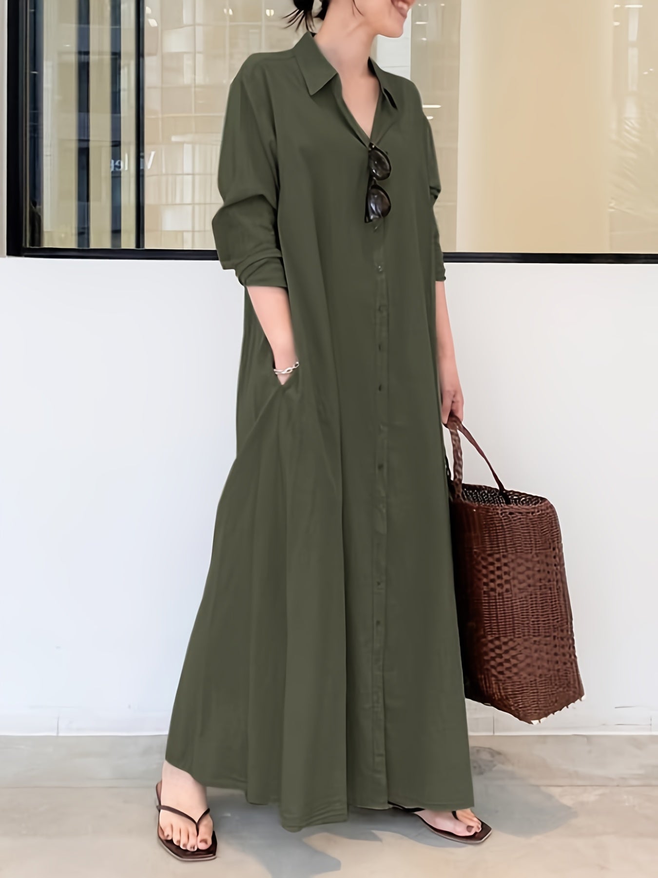 dunnmall Plus Size Casual Dress, Women's Plus Solid Long Sleeve Button Up Lapel Collar Shirt Maxi Dress With Pockets