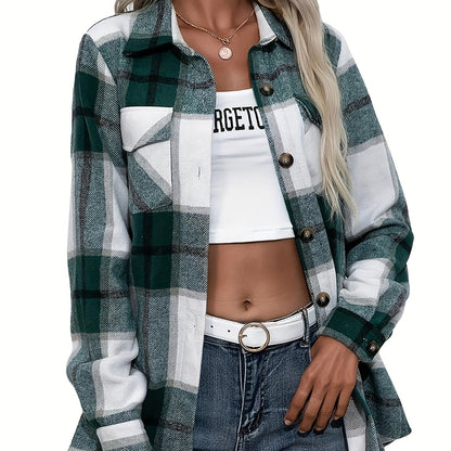 dunnmall  Plaid Button Front Jacket, Casual Lapel Long Sleeve Outwear, Women's Clothing