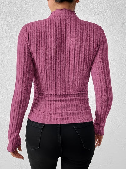 Long Sleeve Ribbed Knit T-Shirt, High Neck Elegant Casual Top For Fall & Spring, Women's Clothing