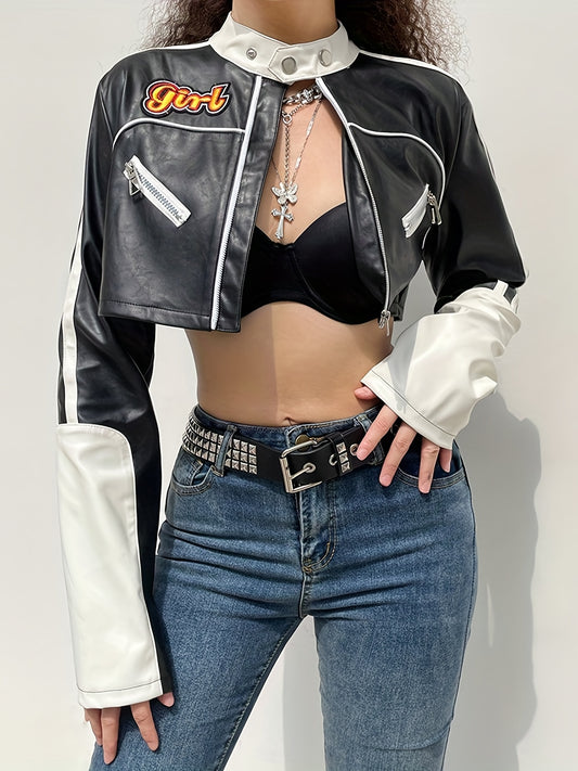 dunnmall Cropped Zip Up Biker Jacket, Y2K Long Sleeve Streetwear Outerwear, Women's Clothing