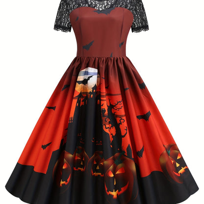 Halloween Witch & Castle Print Lace Stitching Dress, Elegant Ruffle Hem Swing Aline Dress, Women's Clothing