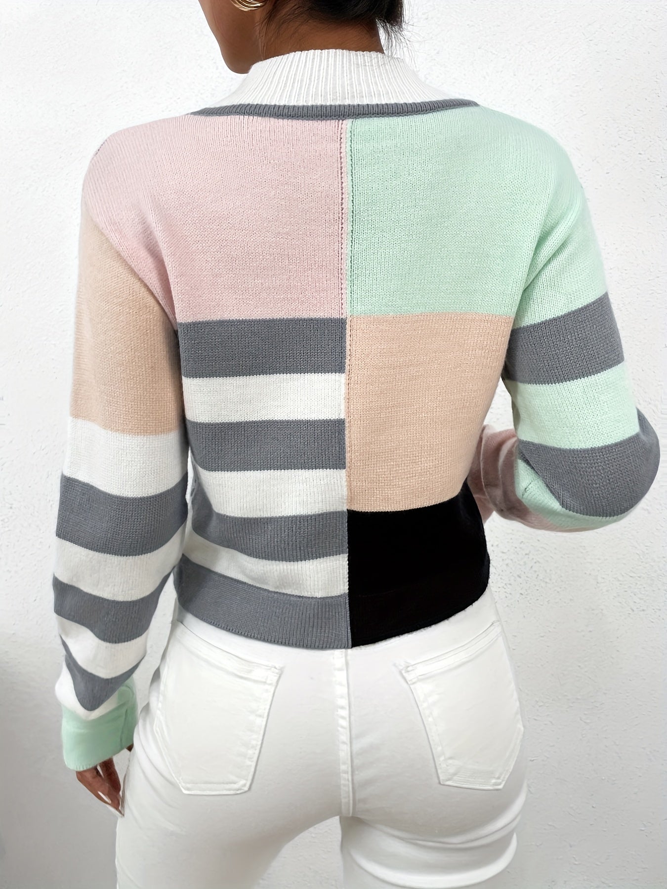 dunnmall  Color Block Drop Shoulder Sweater, Casual Long Sleeve Sweater For Fall & Winter, Women's Clothing