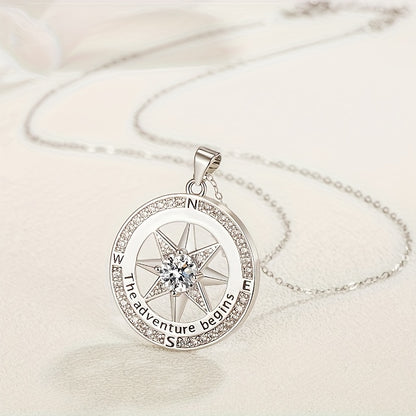 925 Sterling Silver Compass Necklace With Zircon Decor, Luxury Round Charm Jewelry Gifts For Women With Gift Box