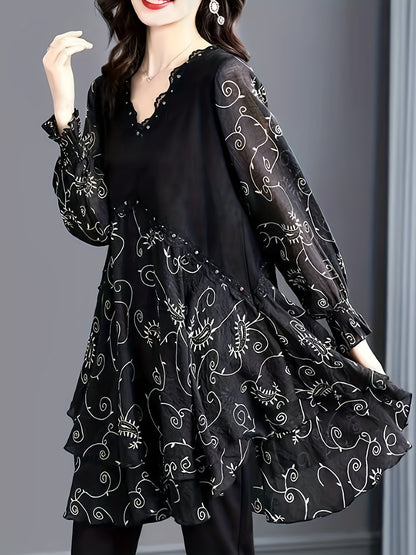 dunnmall  Floral Print Lace Trim V Neck Dress, Casual Velvet Paneled Long Sleeve Dress, Women's Clothing