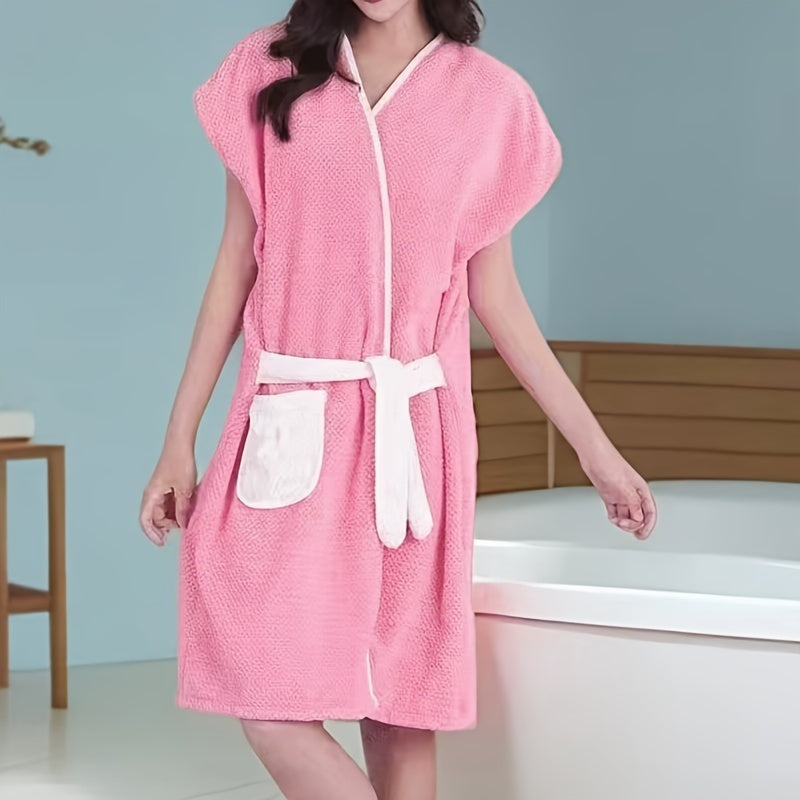 Ultra-Soft Coral Fleece Women's Bathrobe - Absorbent, Quick-Dry with Tie Waist & Pockets, Perfect for Home Use