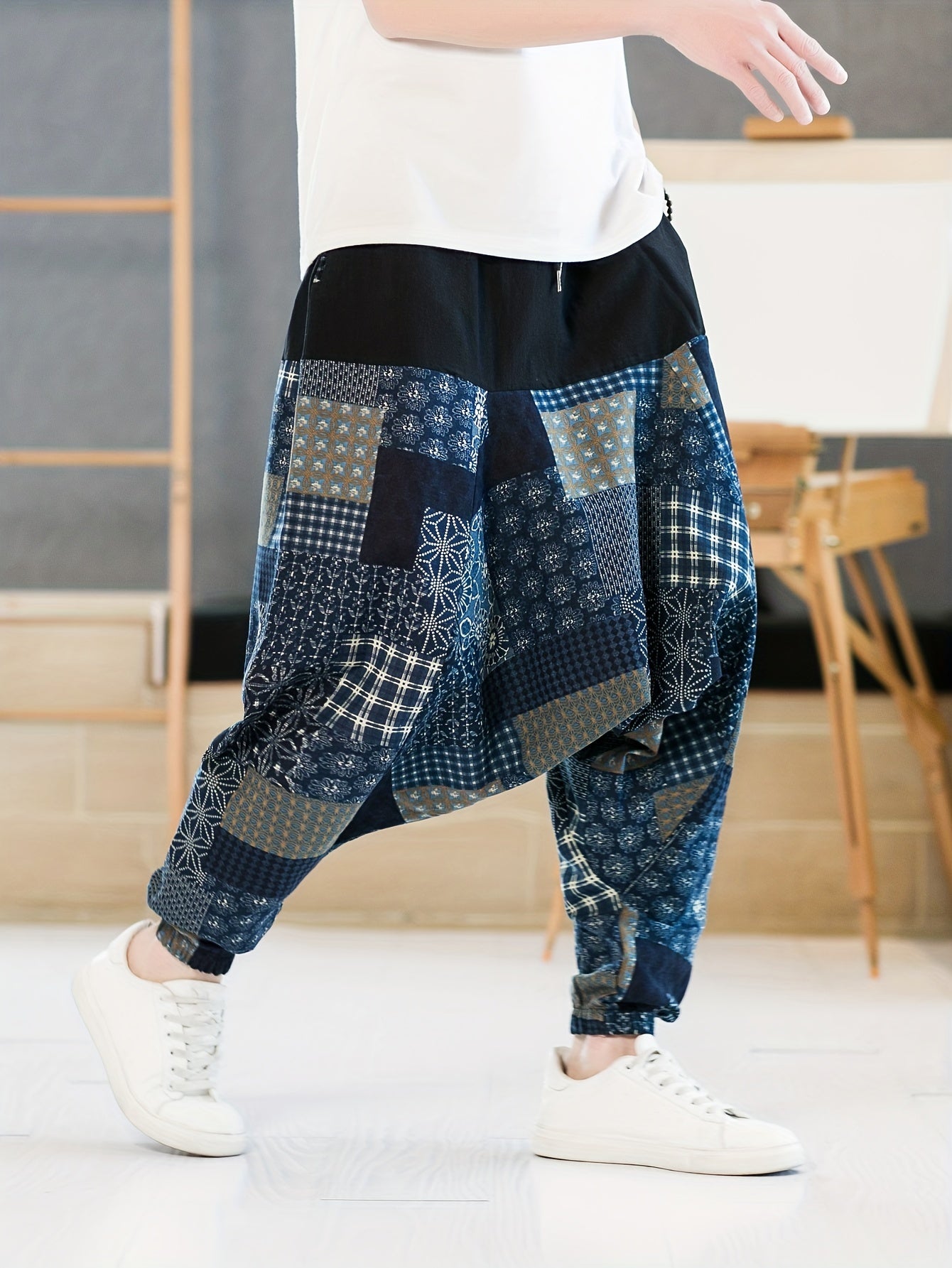 dunnmall  Men's Ankle Length Harem Pants Retro Ethnic Pattern Graphic Print Hip Hop Harem Pants Spring Summer Oversized Men Trousers Baggy Pants