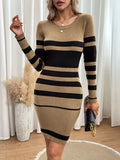 dunnmall Striped Slim Sweater Dresses , Long Sleeve Crew Neck Mini Dress , Women's Clothings