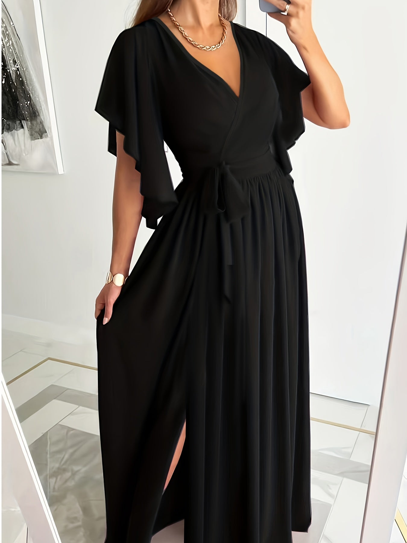 dunnmall  Plus Size Elegant Dress, Women's Plus Solid Ruffle Sleeve Surplice Neck High Split Hem Maxi Dress With Belt