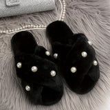 Women's Faux Fur Slides With Elegant Faux Pearls, Comfy Open Toe House Slippers For Indoor/Outdoor Use, Fashionable Crisscross Bands Slip-On Footwear, Winter & Autumn