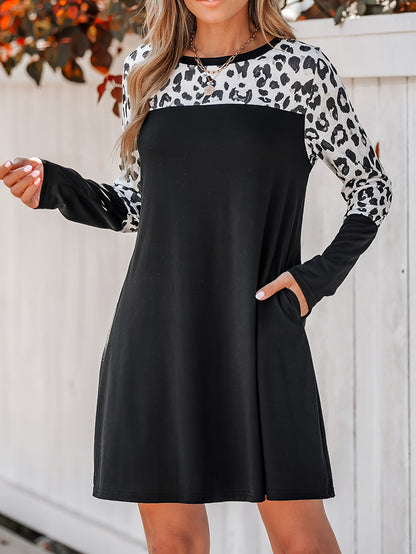 Leopard Print Splicing Dress, Casual Crew Neck Long Sleeve Dress, Women's Clothing