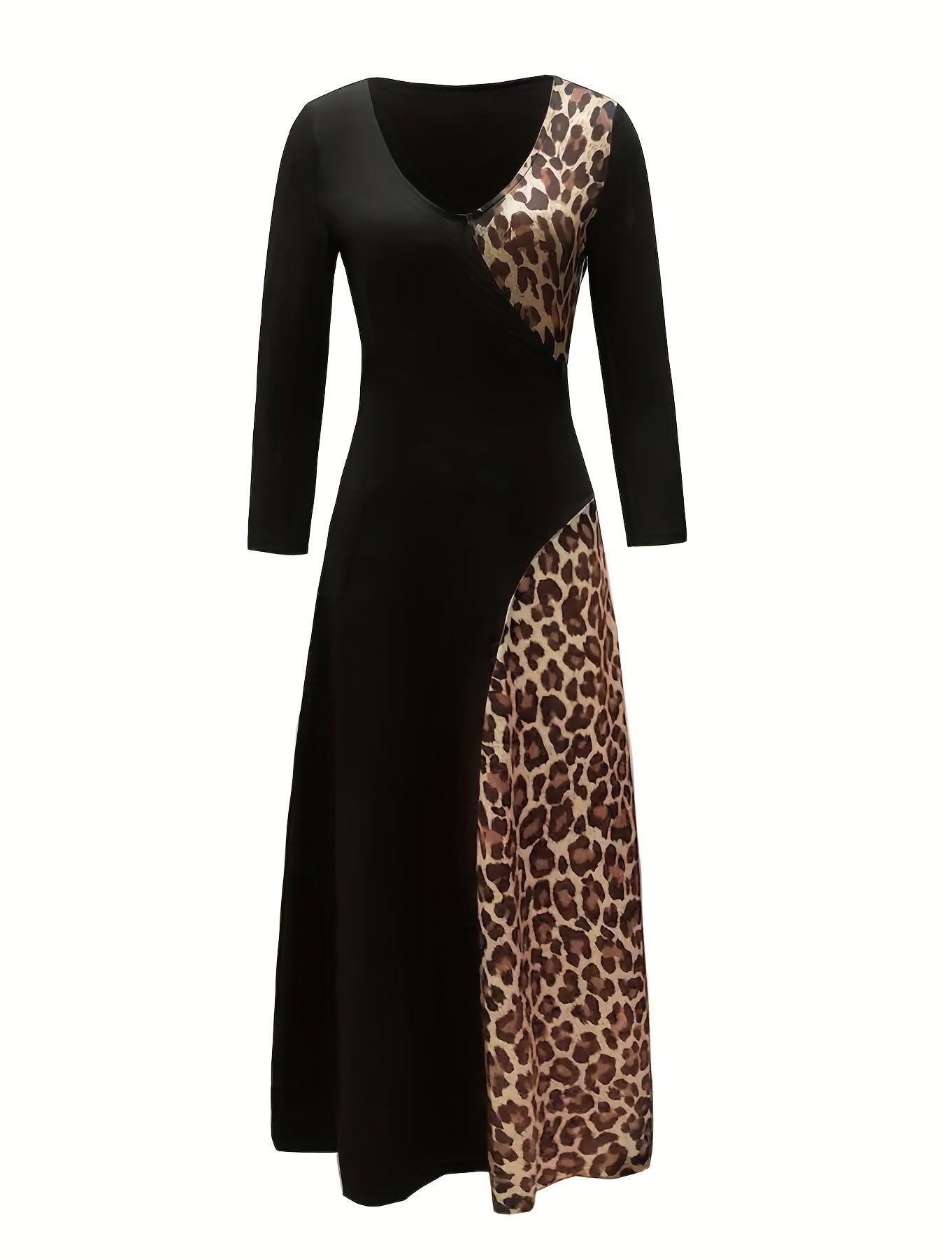 dunnmall Plus Size Casual Dress, Women's Plus Colorblock Leopard Print Long Sleeve V Neck Slim Fit Maxi Dress