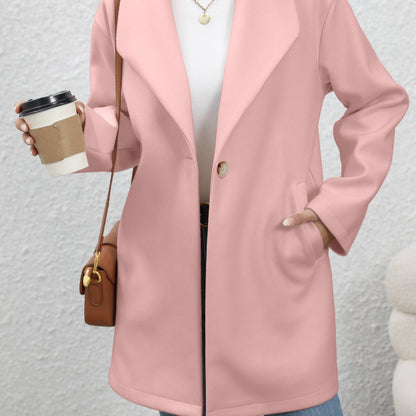 Solid One Button Overcoat, Casual Long Sleeve Outerwear With Pockets, Women's Clothing