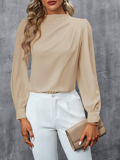 Ruched Solid Blouse, Elegant Long Sleeve Work Office Blouse, Women's Clothing