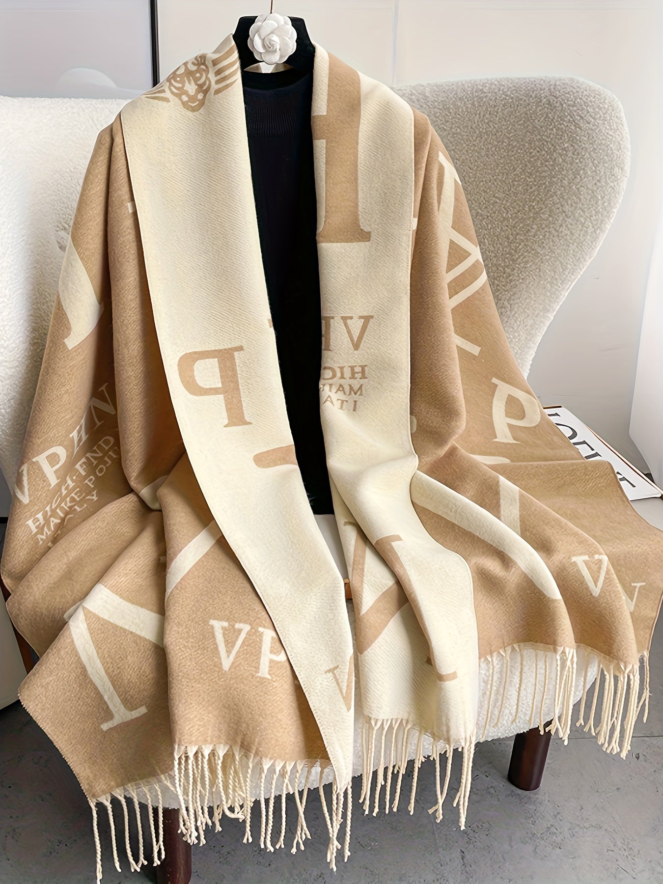 Plus Size Elegant Coat, Women's Plus Letter Print Tassel Trim Batwing Sleeve Open Front Shawl Coat