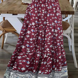 Boho Floral Print TiHigh Maxi Skirts, Vacation Beach Ruffle Hem Loose Skirts, Women's Clothing