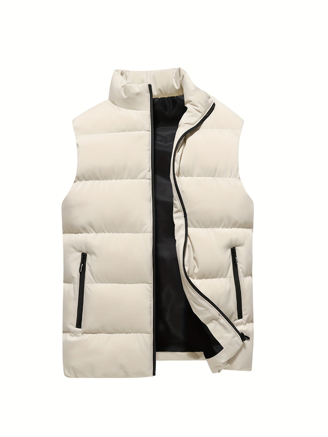 dunnmall  Warm Winter Vest, Men's Casual Zipper Pockets Stand Collar Zip Up Cotton Padded Vest For Fall Winter