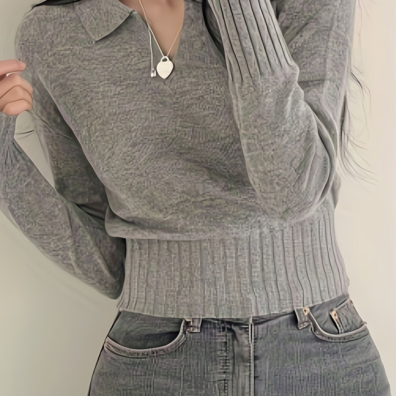 dunnmall  Solid Notched  Collar Pullover Sweater, Casual Long Sleeve Crop Sweater For Spring & Fall, Women's Clothing