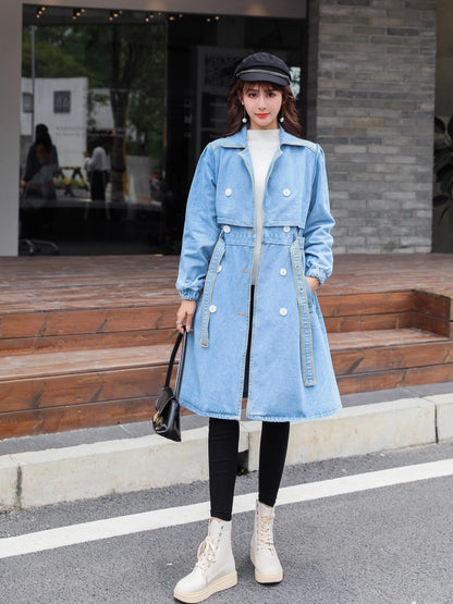 dunnmall  Blue Loose Fit Long Denim Jackets, Long Sleeves Non-Stretch With Waistband Lapel Denim Coats, Women's Denim Clothing