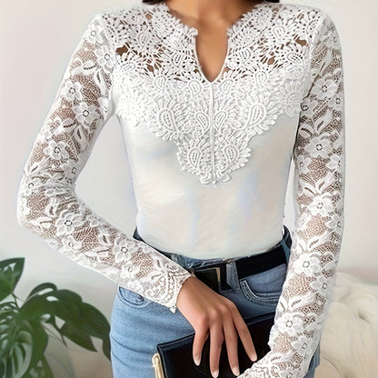 dunnmall Solid Contrast Lace T-Shirt, Casual Notched Neck Long Sleeve Top For Spring & Fall, Women's Clothing