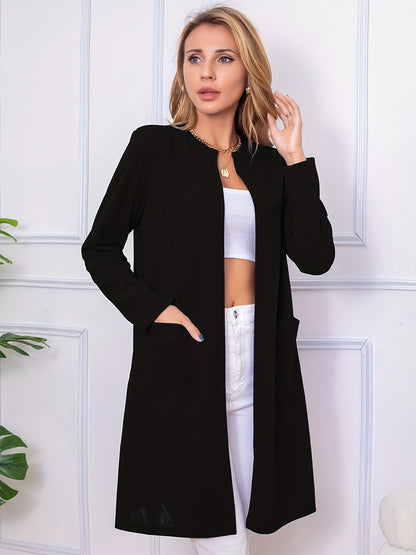 Long Length Open Front Coat, Casual Long Sleeve Solid Outerwear, Women's Clothing