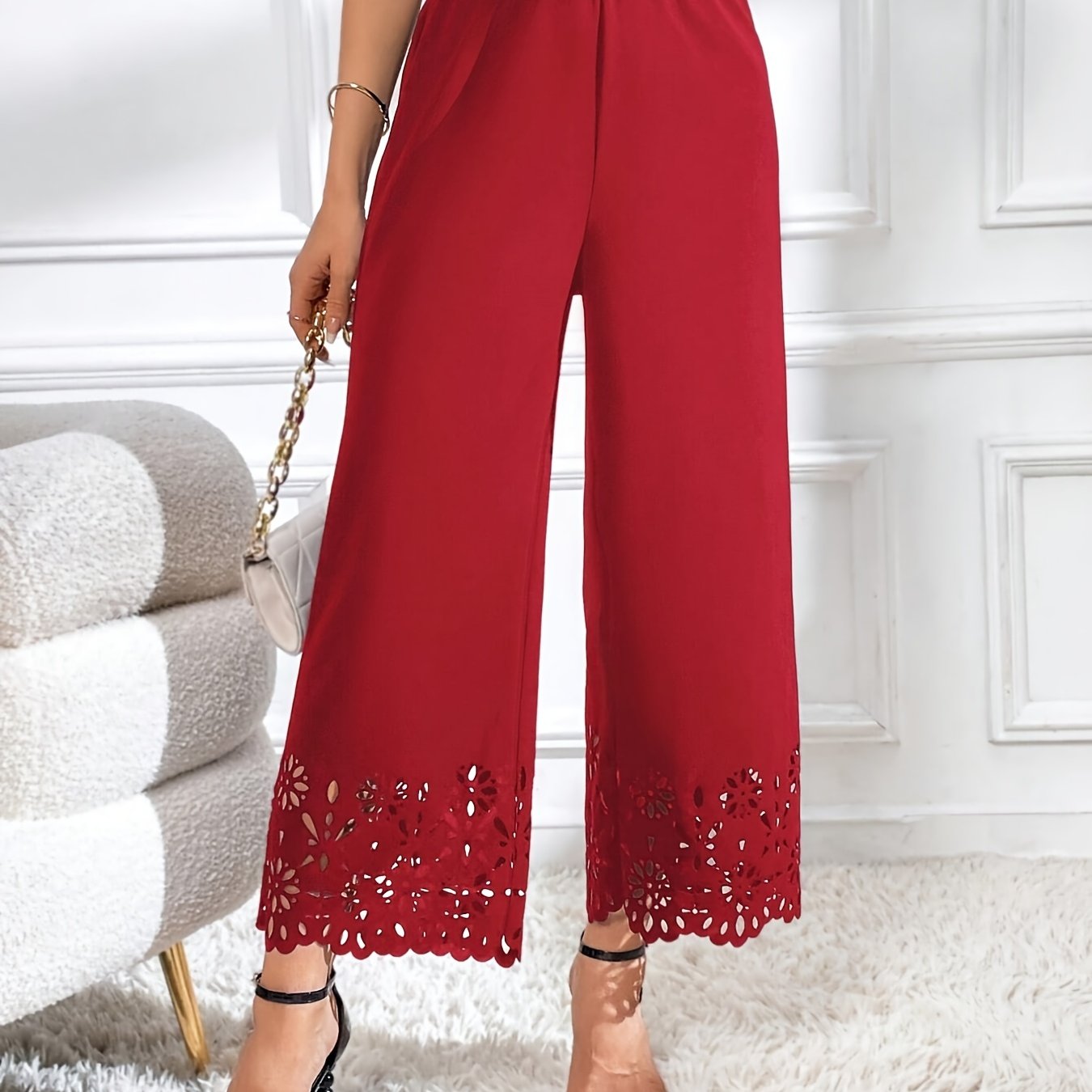 dunnmall  Lace Stitching Wide Leg Pants, Casual Elastic Waist Solid Pants, Women's Clothing