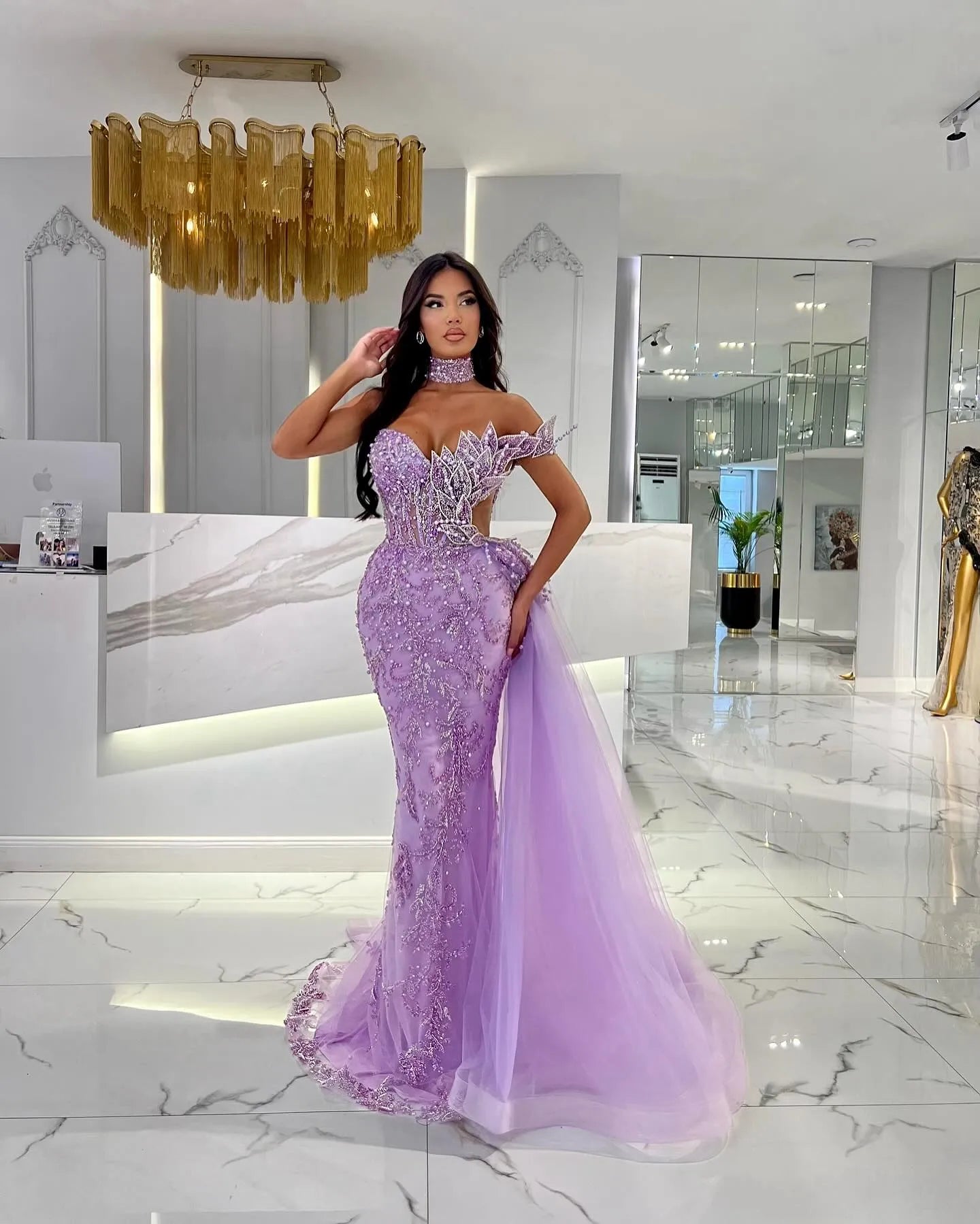 Stunning purple mermaid Evening Dresses elegant leaf beading shoulder Prom Dress Beads side train Custom Made Formal dresses for women