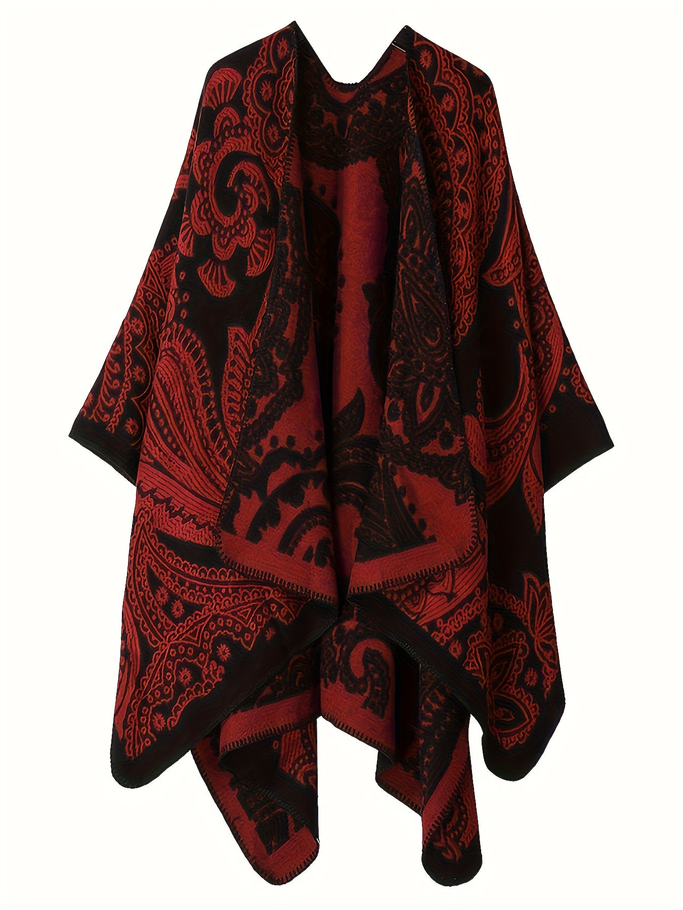 Plus Size Ethnic Style Coat, Women's Plus Tribal Print Batwing Sleeve Open Front Waterfall Collar Shawl Cape Coat