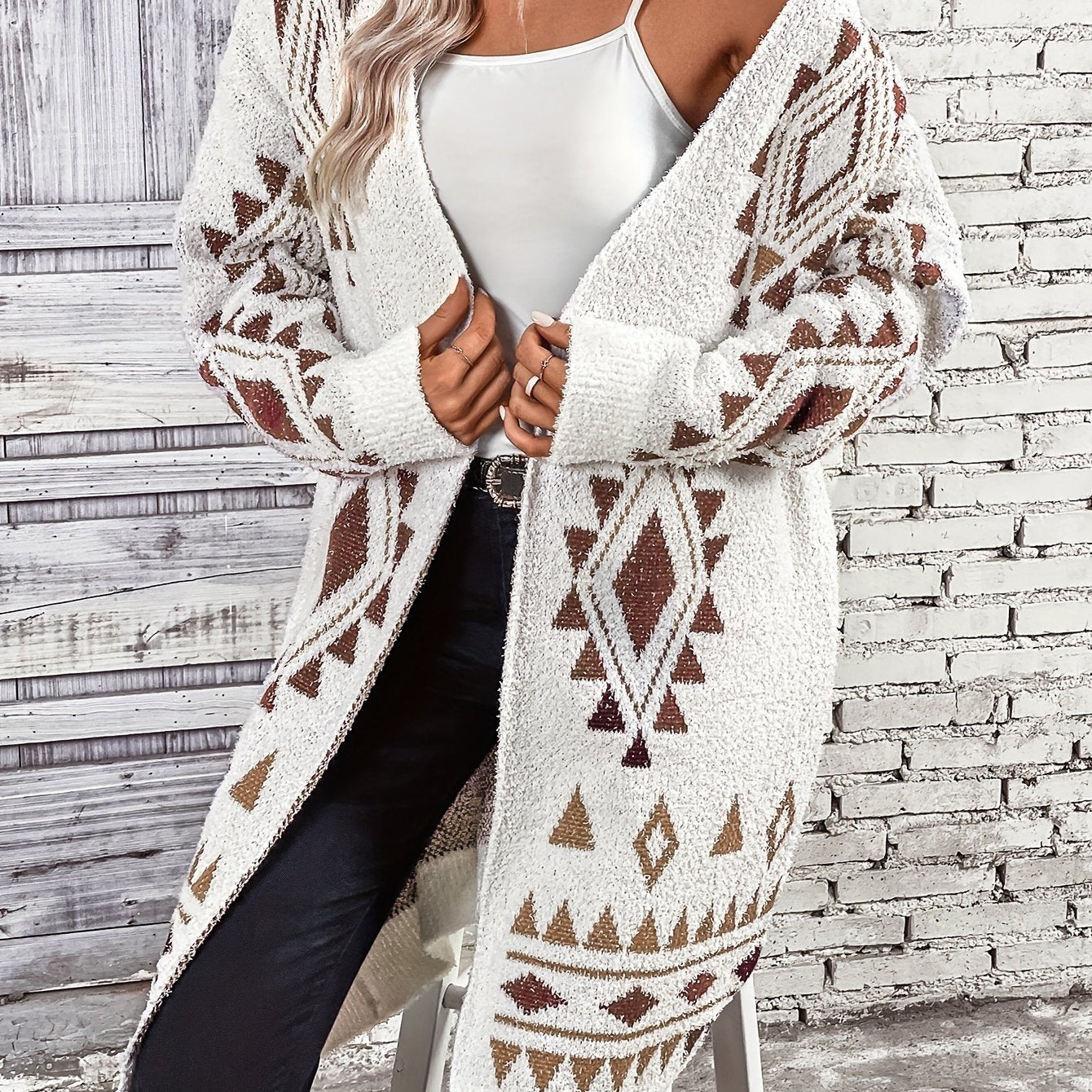 Argyle Print Knit Cardigan, Casual Open Front Long Sleeve Sweater, Women's Clothing