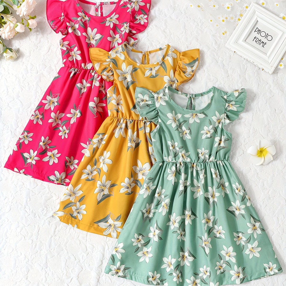 3pcs Charming Floral Midi Dresses for Girls - Crew Neck, Ruffle Sleeve, A-line, Non-Stretch Woven Fabric, Regular Fit, Perfect for Summer Vacation and Casual Wear