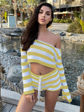 dunnmall   Knitted Striped Matching Two-piece Set, Casual Crop Top & Drawstring Shorts Outfits, Women's Clothing